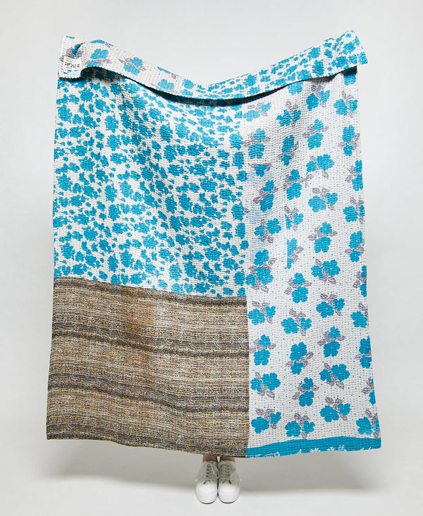 Artisan made bright blue floral kantha quilt throw