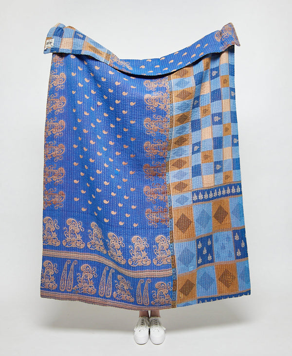 Artisan made blue paisley kantha quilt throw