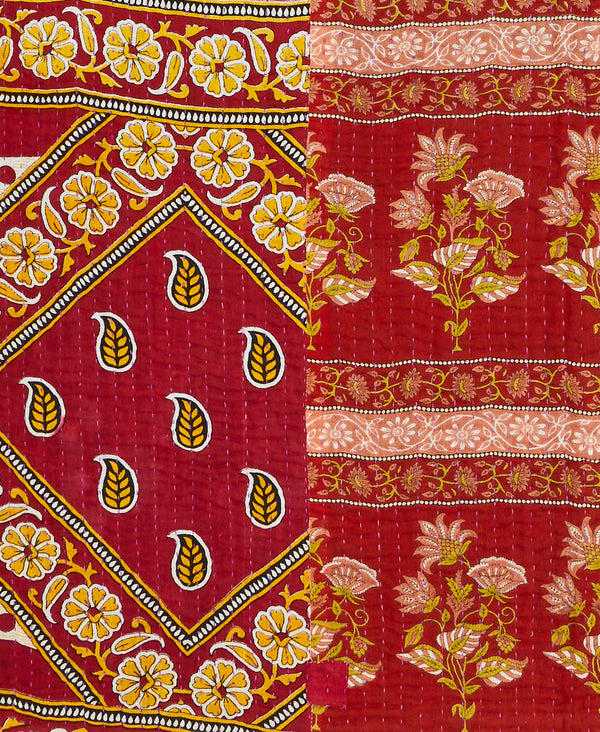 Red traditional Kantha quilt throw made of recycled vintage saris