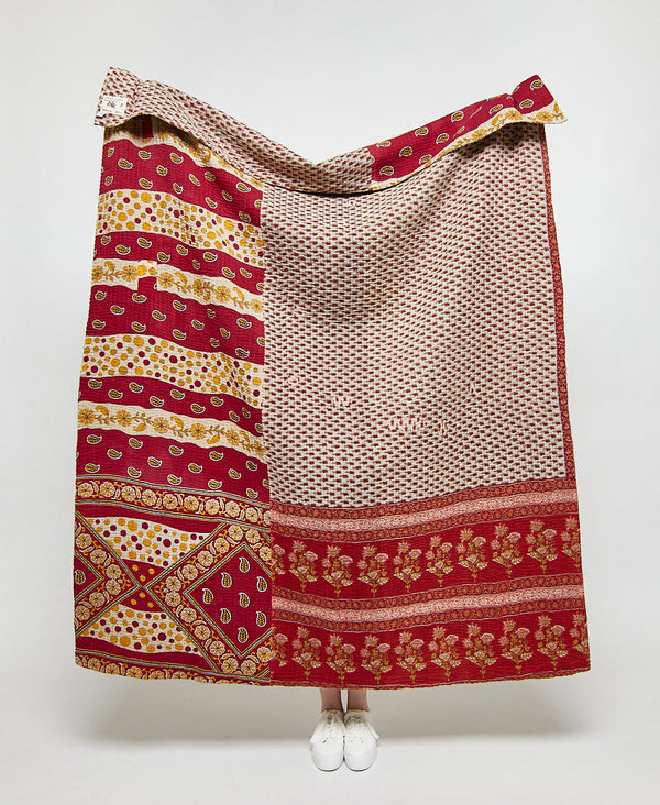 Artisan made red traditional kantha quilt throw
