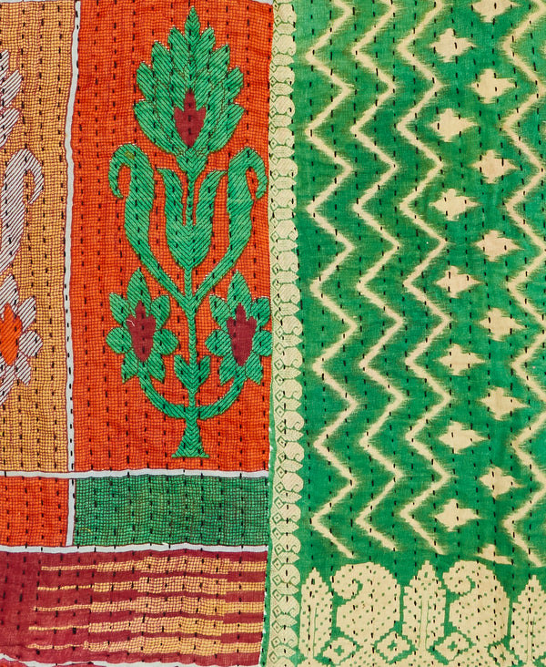Orange and green geometric Kantha quilt throw made of recycled vintage saris