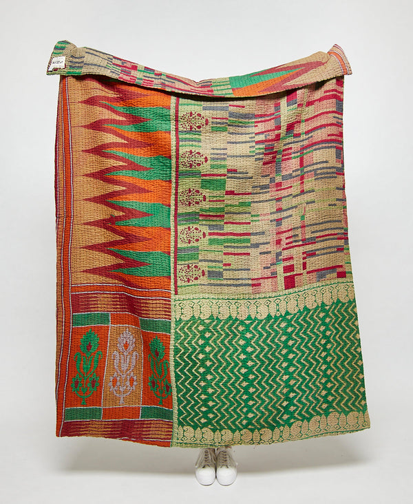 Artisan made orange and green geometric kantha quilt throw