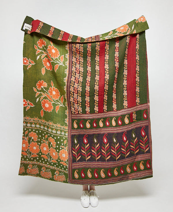 Artisan made army green floral kantha quilt throw
