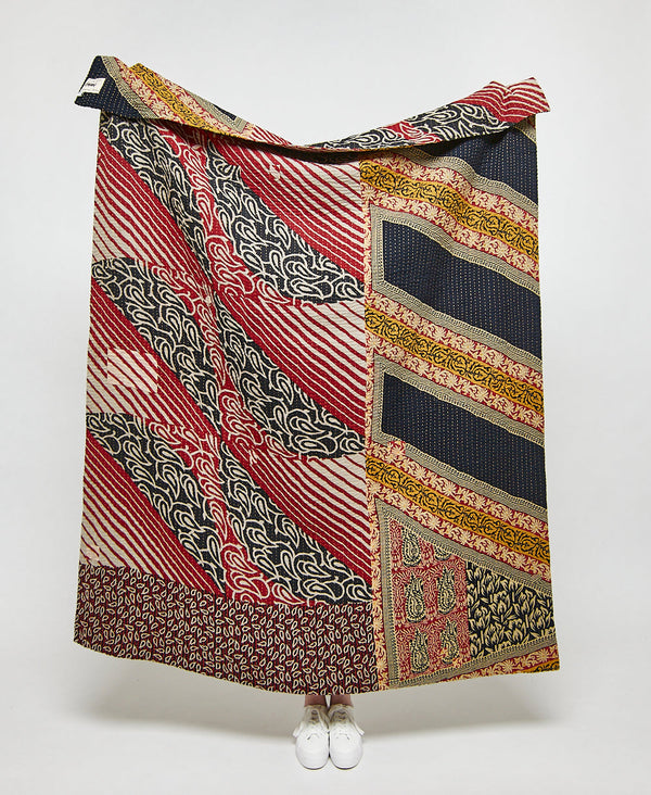 Artisan made red and black geometric kantha quilt throw