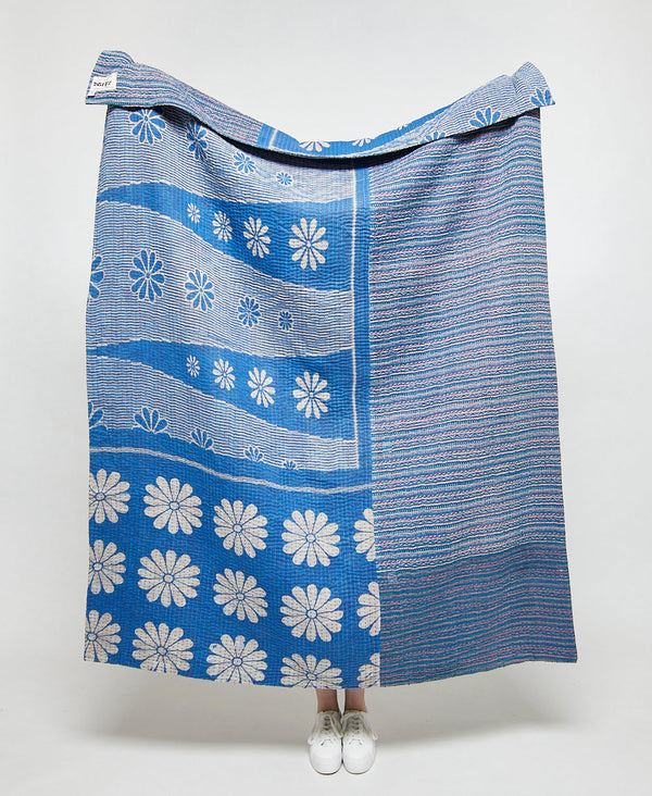 Artisan made blue floral geometric kantha quilt throw
