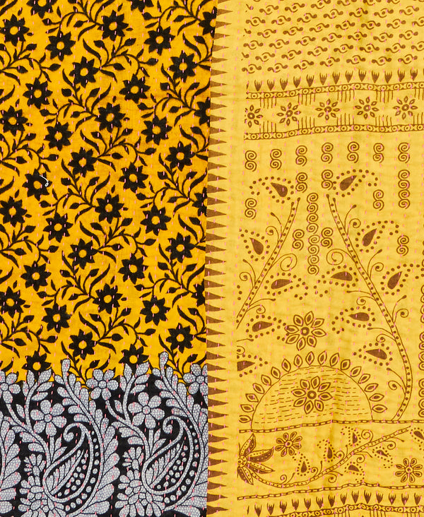 Yellow floral Kantha quilt throw made of recycled vintage saris