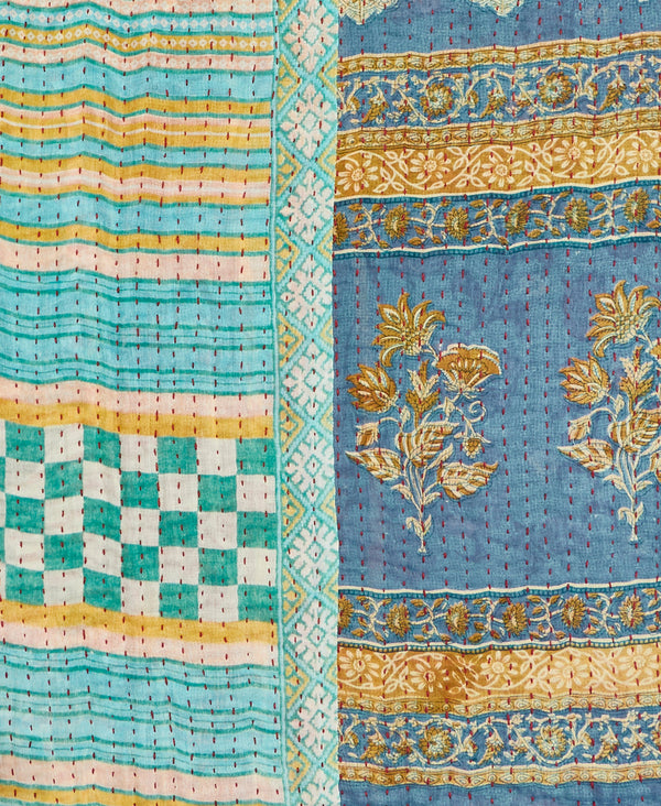Teal and blue floral Kantha quilt throw made of recycled vintage saris