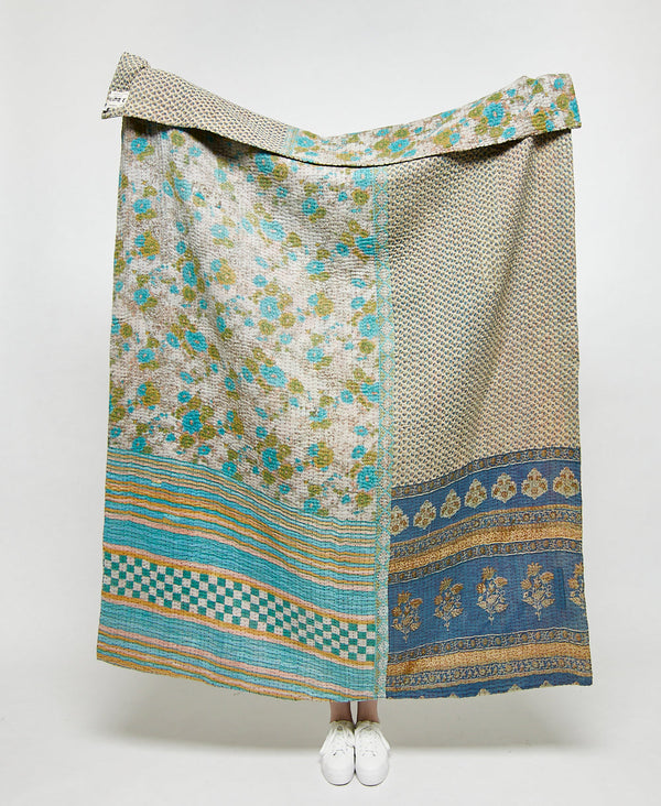 Artisan made teal and blue floral kantha quilt throw
