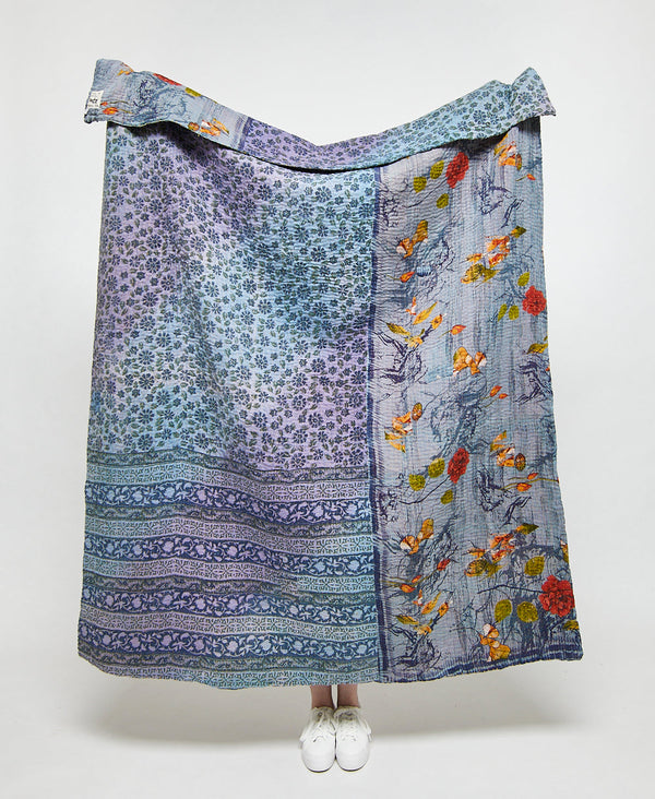 Artisan made grey and blue floral kantha quilt throw