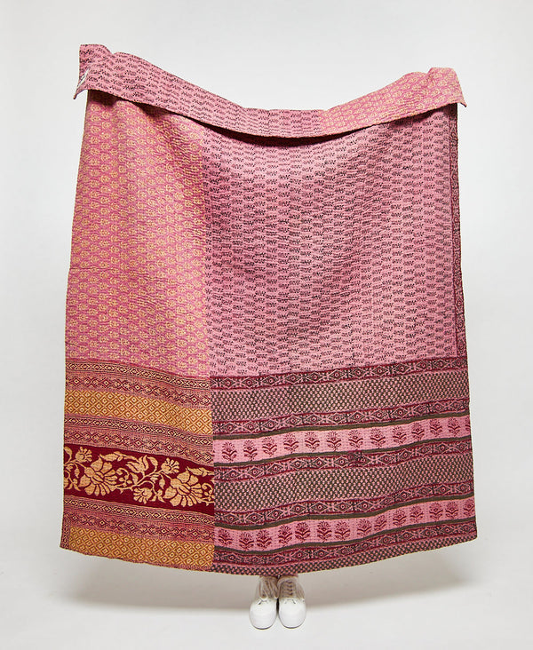 Artisan made pink floral kantha quilt throw