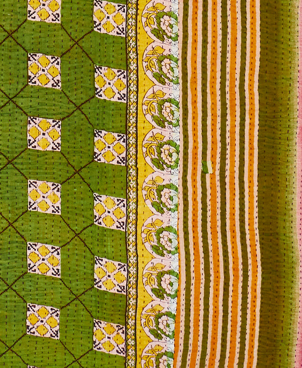 Green geometric Kantha quilt throw made of recycled vintage saris