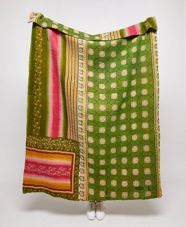 Artisan made green geometric kantha quilt throw