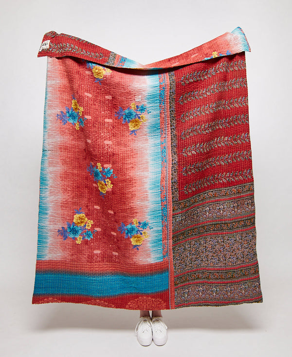 Artisan made red and blue floral kantha quilt throw