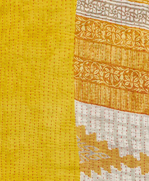 Yellow geometric paisley Kantha quilt throw made of recycled vintage saris