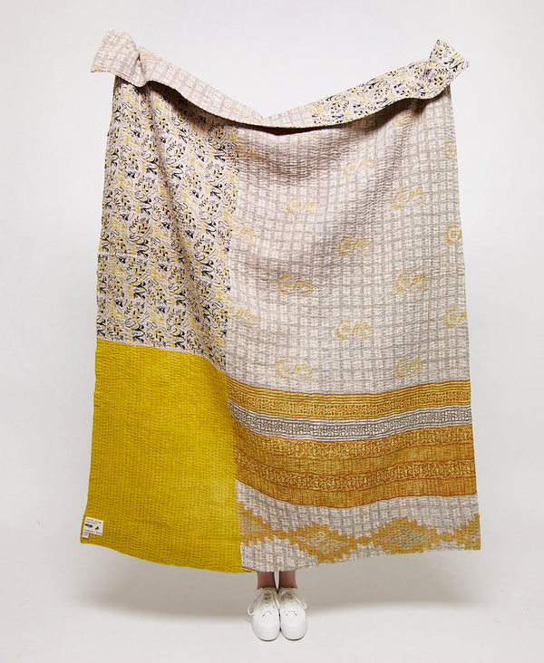 Artisan made yellow geometric paisley kantha quilt throw