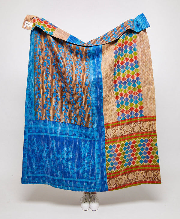 Artisan made blue geometric kantha quilt throw
