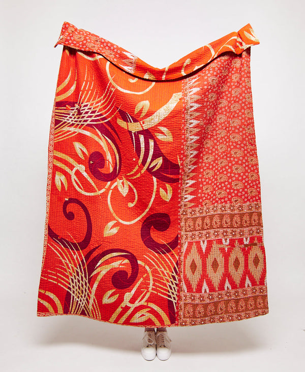 Artisan made bold orange paisley kantha quilt throw
