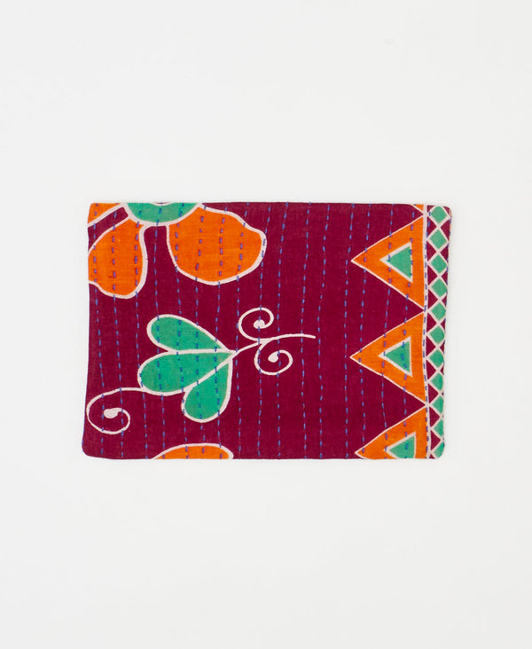 Artisan-made red floral vintage kantha pouch clutch