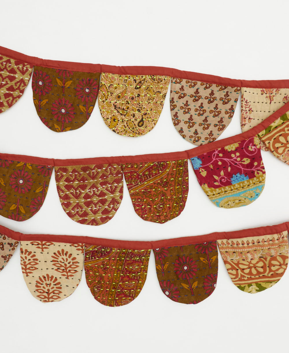 reusable party decor fabric garland made from rust & tan geometric upcycled saris