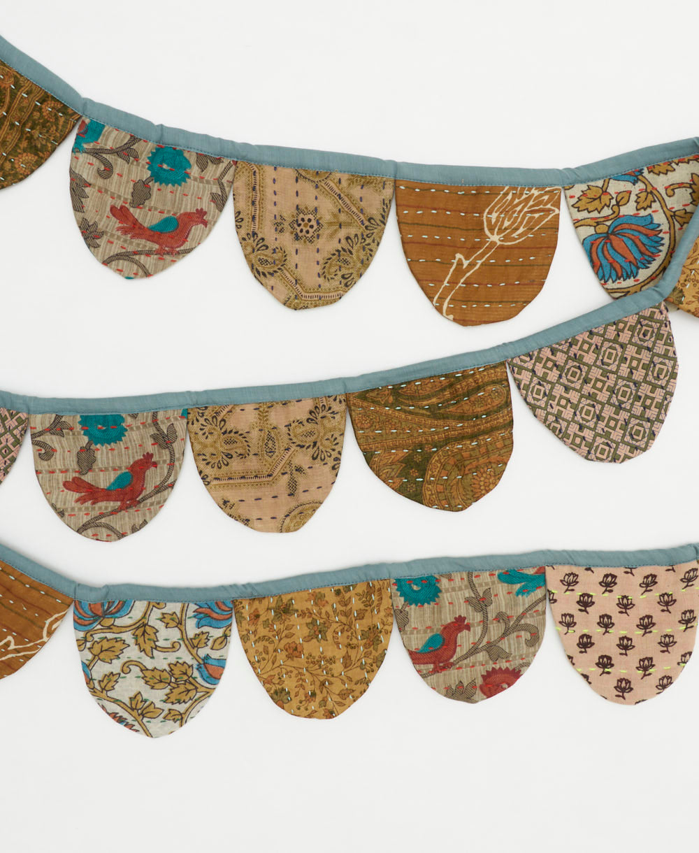 reusable party decor fabric garland made from denim blue & camel floral upcycled saris