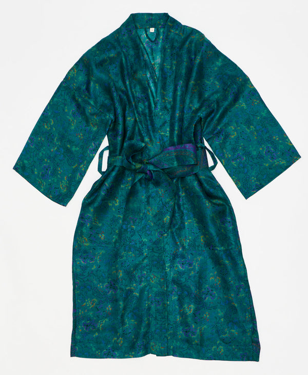 This teal silk robe is ethically made using recycled
vintage silk saris