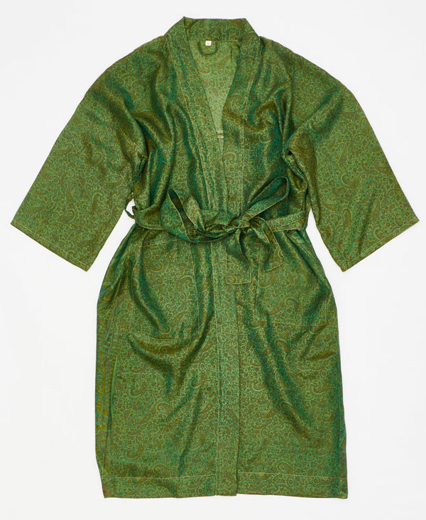 This green silk robe is ethically made using recycled
vintage silk saris
