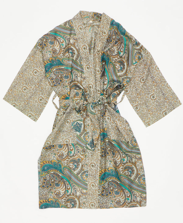 This white, orange, and teal silk robe is ethically made using recycled
vintage silk saris