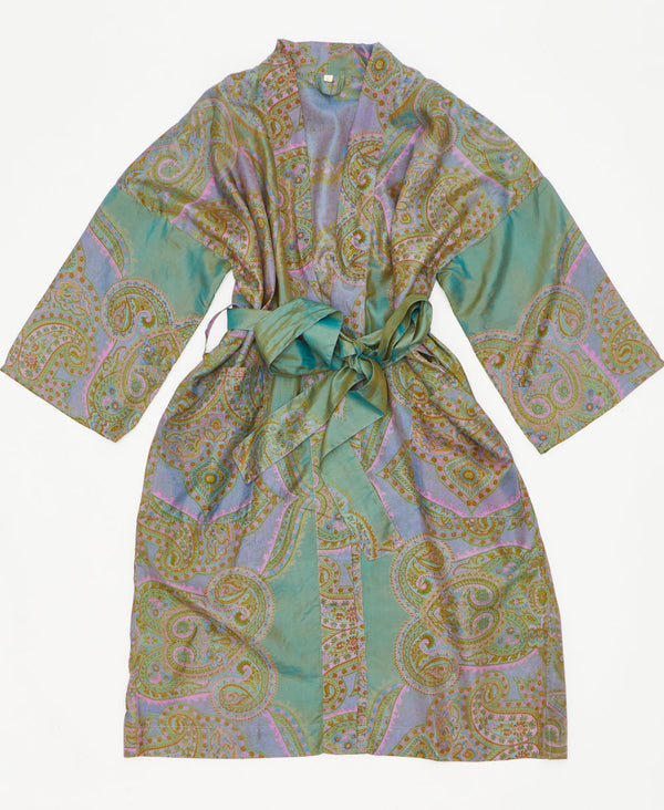 This pastel green and lavender silk robe is ethically made using recycled
vintage silk saris