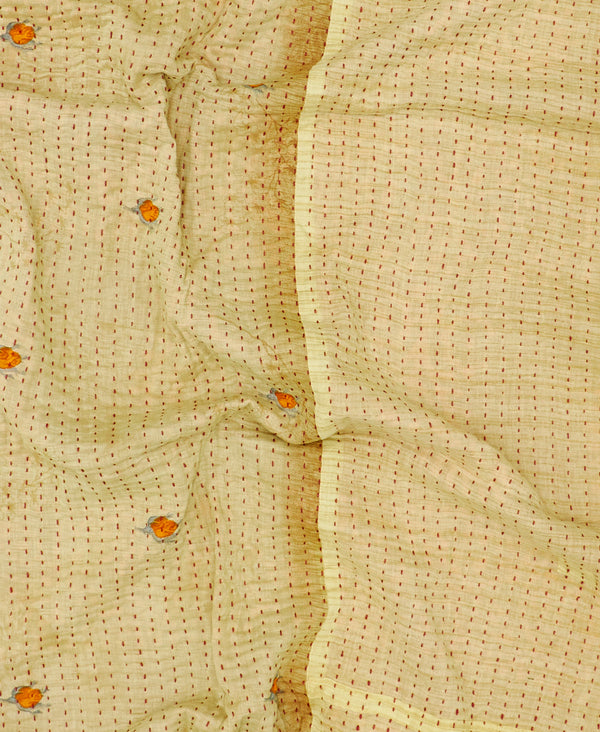 Eco-friendly artisan-made tan and orange floral kantha quilt throw