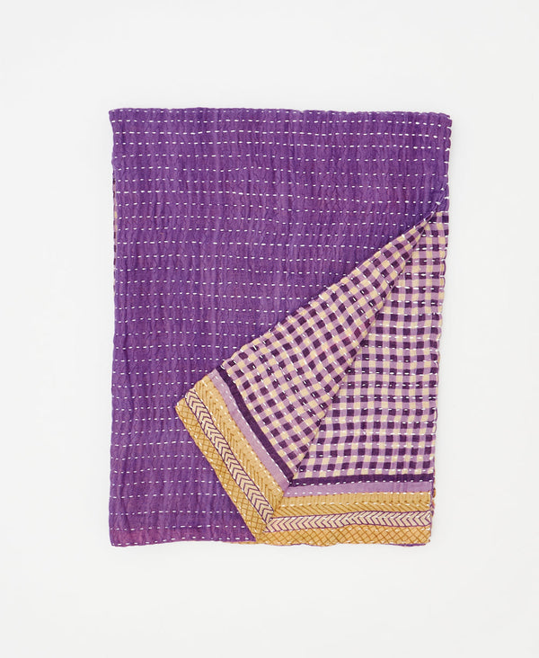 Purple kantha quilt throw made using plaid
recycled vintage saris