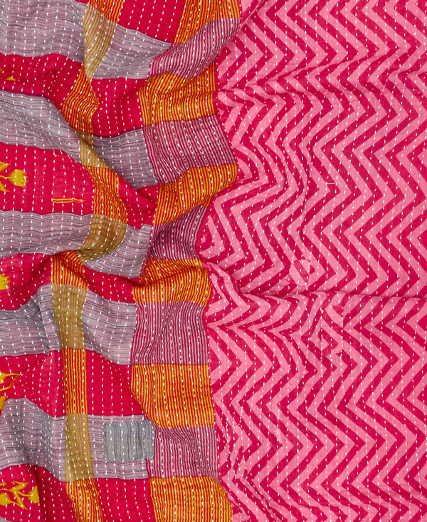 Eco-friendly artisan-made pink chevron kantha quilt throw