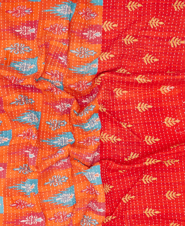 Eco-friendly artisan-made orange abstract kantha quilt throw