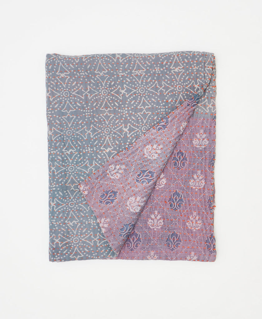 Grey and purple kantha quilt throw made using classic print 
recycled vintage saris