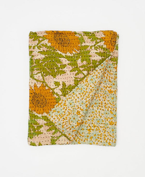 Yellow and green kantha quilt throw made using sun flower print 
recycled vintage saris