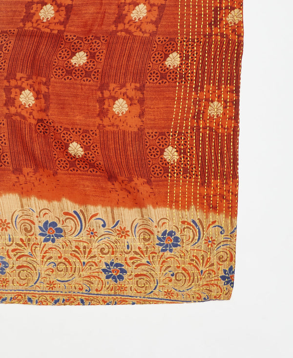 embroidered cotton square scarf in orangeand blue  floral pattern made from upcycled fabrics
