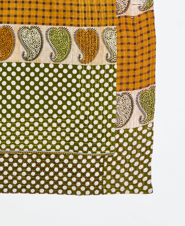 embroidered cotton square scarf in an orange and green paisley pattern made from upcycled fabrics
