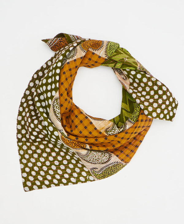 Orange and green paisley floral vintage cotton square scarf handmade by artisans
