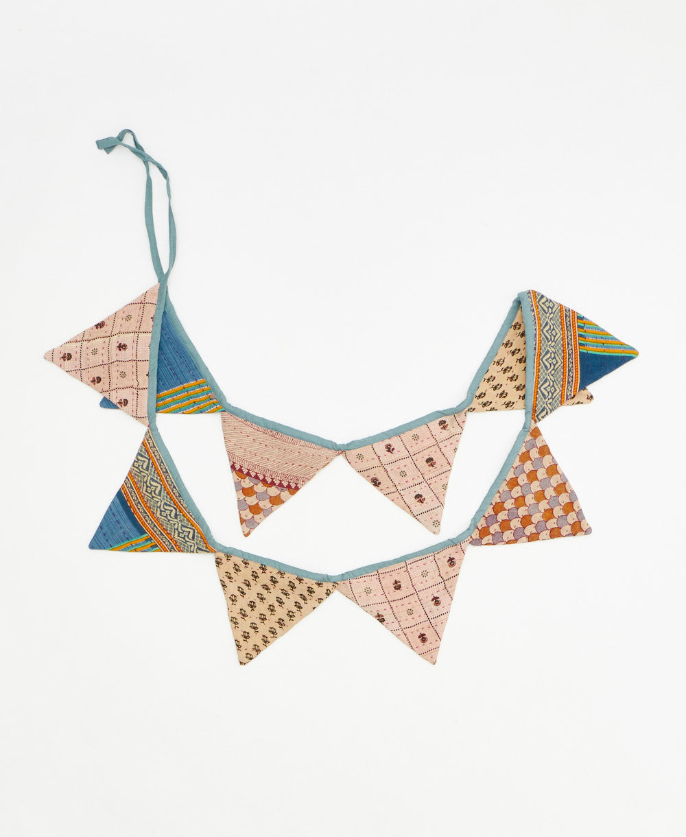 upcycled fabric garland with bold beige and blue geometric pattern by Anchal
