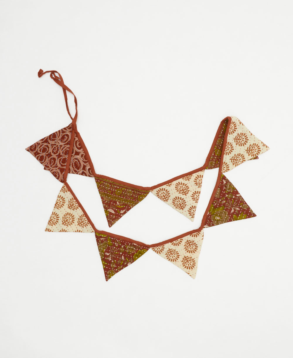 brick red and ivory pennant banner made from vintage cotton saris
