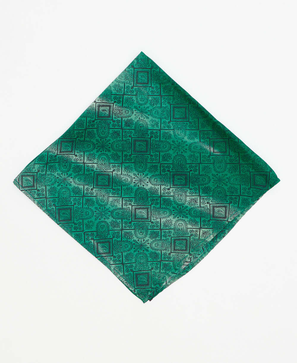 ethically made silk bandana in teal and black geometric print made in India