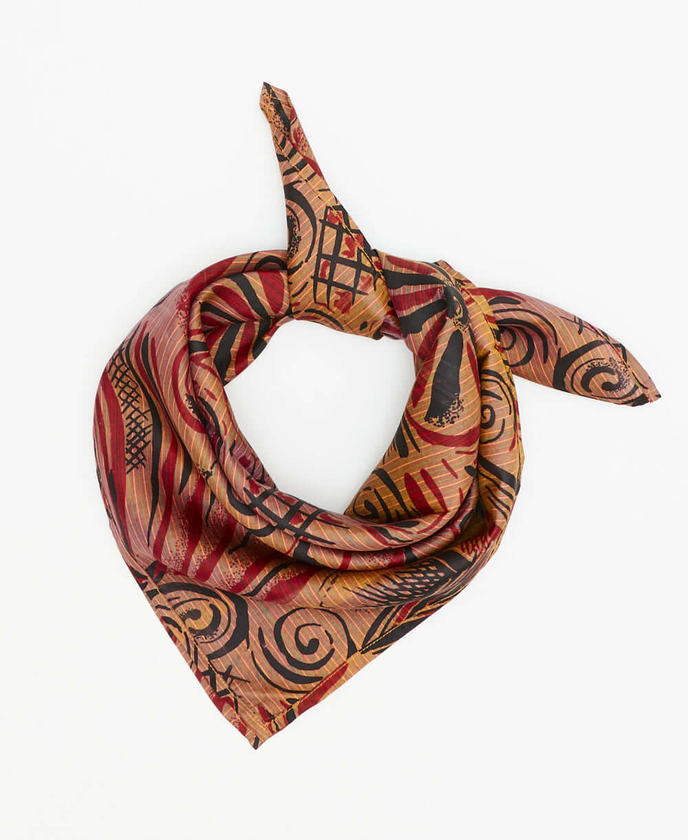 brown vintage silk bandana with black and red geometric details