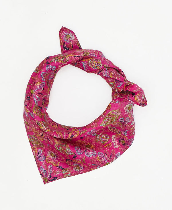 Hot pink with accents of blue, green, and yellow vintage silk scarf handmade by women artisans using upcycled saris
