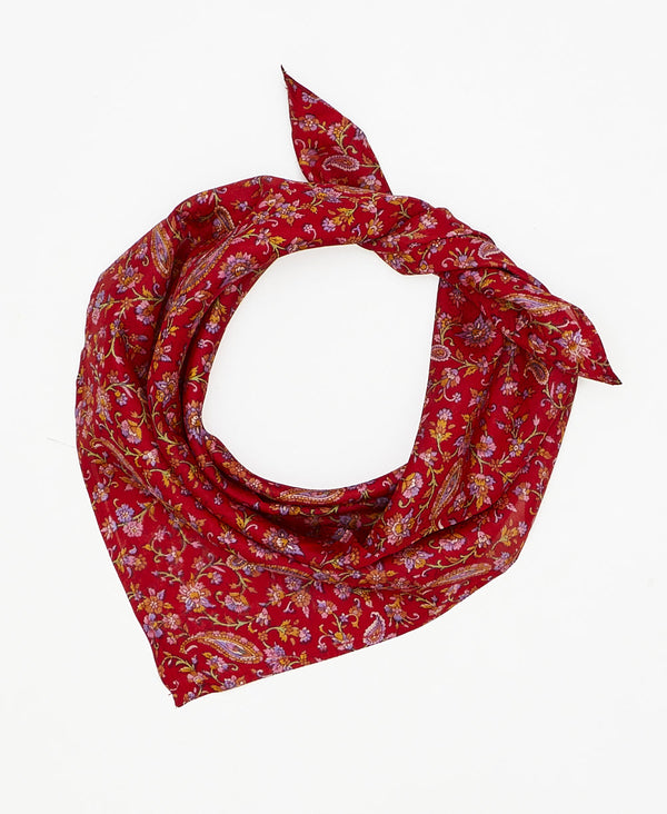 Red with a mutlicolored pattern silk scarf handmade by women artisans using upcycled saris