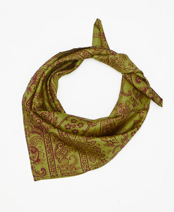 Green and burgundy silk scarf handmade by women artisans using upcycled saris