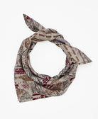 Grey, burgundy, black, and tan silk scarf handmade by women artisans using upcycled saris