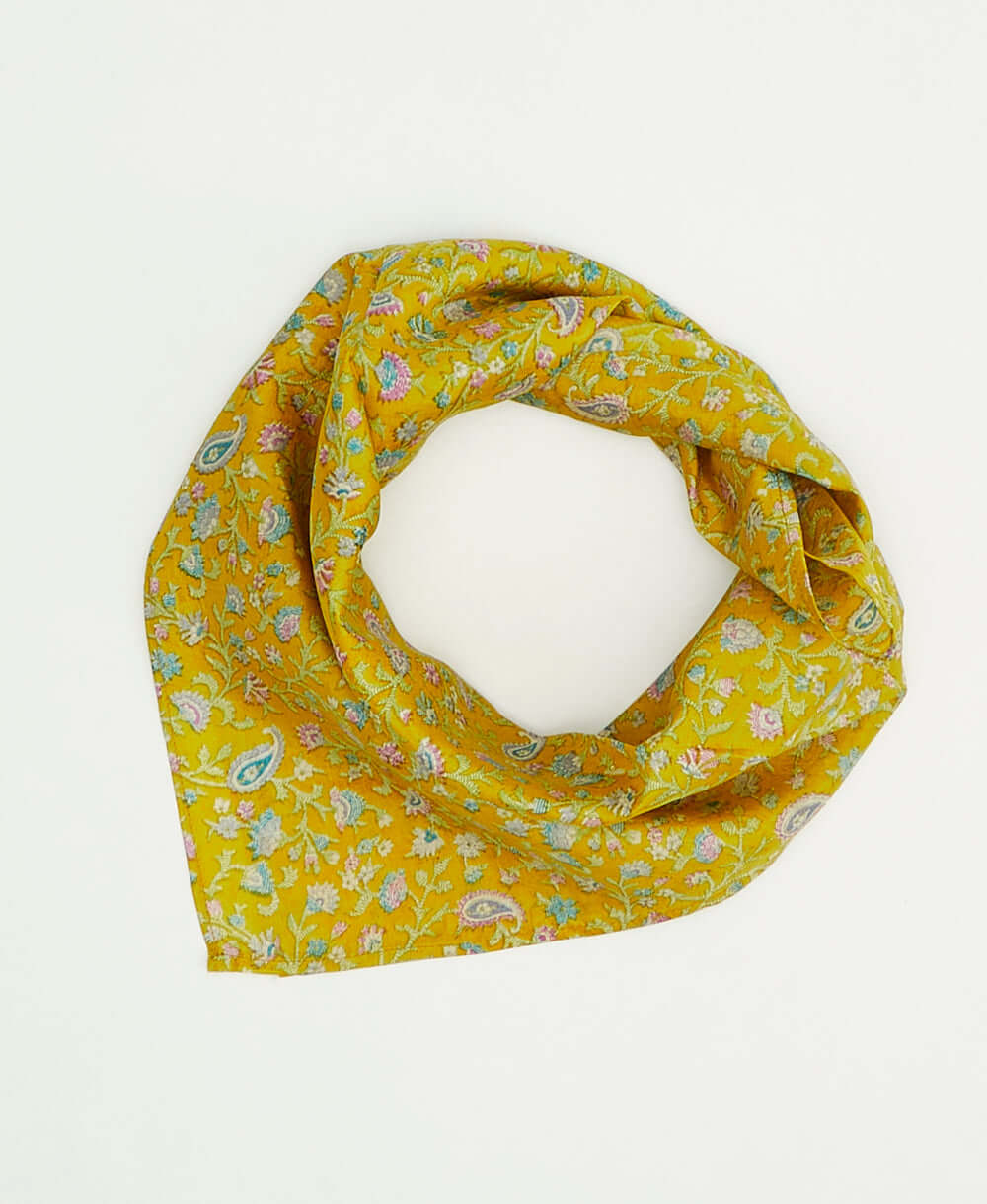 Bright yellow floral paisley vintage silk scarf handmade by women artisans using upcycled saris