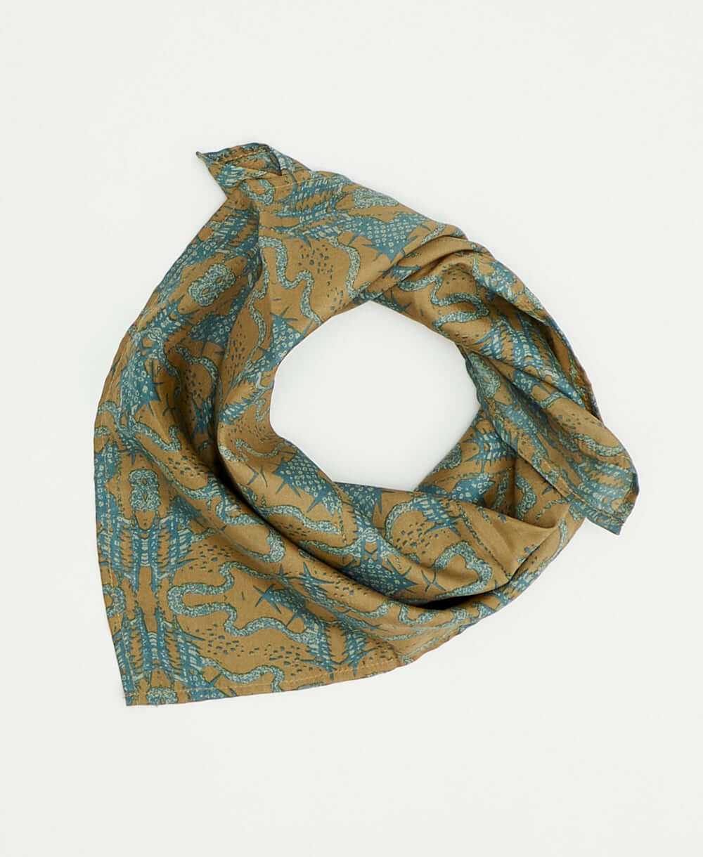 blue and brown modern geometric vintage silk scarf handmade by women artisans using upcycled saris