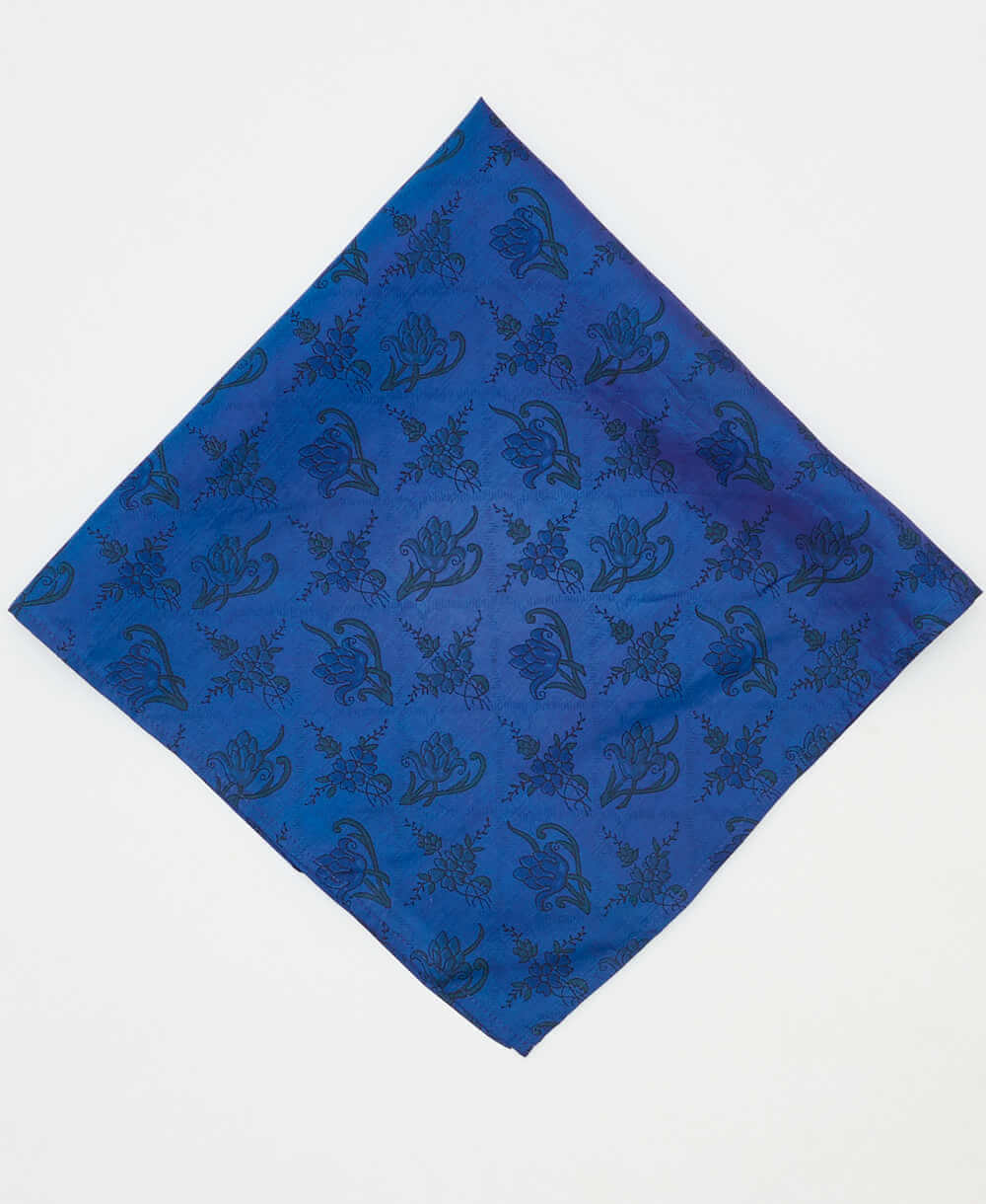 vintage silk scarf featuring a blue floral pattern created using sustainably sourced saris