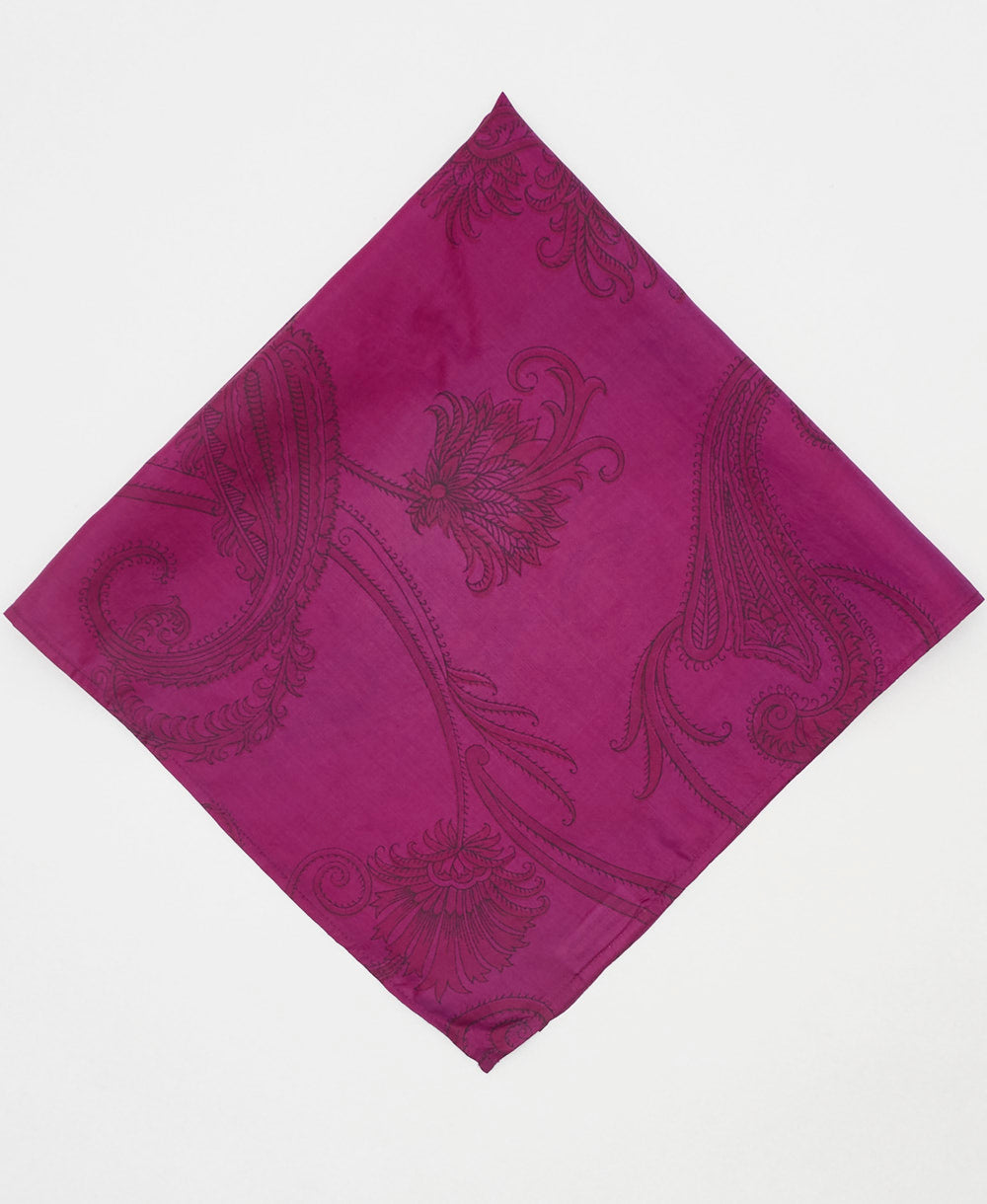 vintage silk scarf featuring a magenta paisley pattern created using sustainably sourced saris