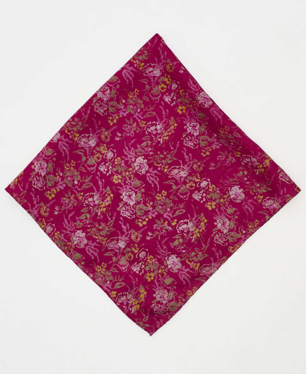 vintage silk scarf featuring a magenta floral pattern created using sustainably sourced saris